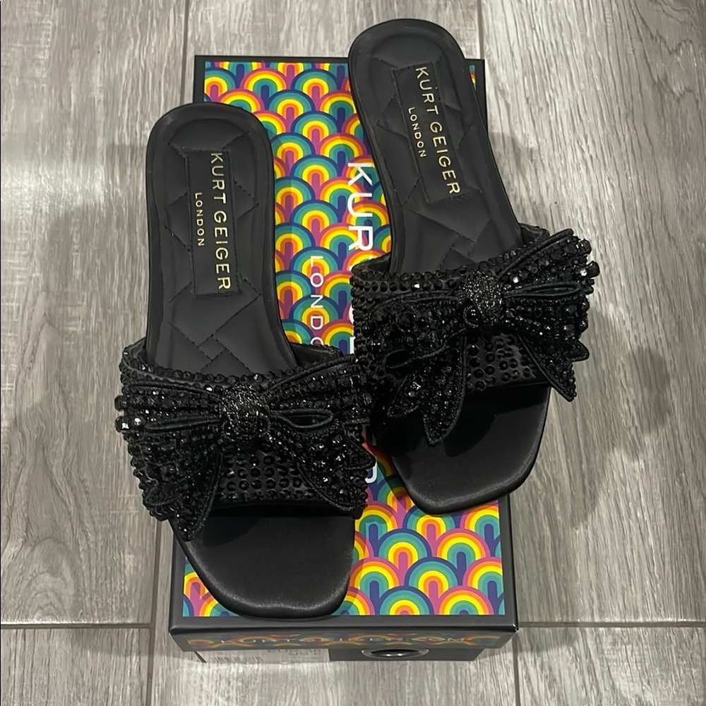 Kurt Geiger Black Slide Sandals with Fluffy Pom-Pom Decoration